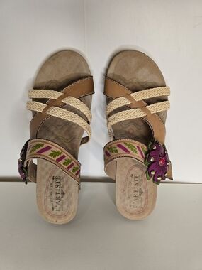 L' ARTISTE Tan Braided Slide Sandals with Pink Floral Accent and Green Trim